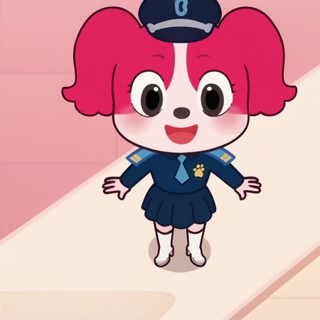 score_9, score_8_up, score_7_up BREAK PapillonS, 1girl, anthro dog, white and pink fur, pink ears, dark gray eyes, black nose, white legs, short pink tail, blue police uniform, cyan epaulettes with gold stripes, cyan tie, gold paw badge, blue police hat, blue pleated skirt, long heeled white boots, female, female focus, screenshot, official art, parody, cartoon footage, official design, screencap, cartoon screenshot, official screenshot, 2d, cartoon, source_cartoon, high-angle pov, high-angle view, solo, solo focus, happy at viewer,