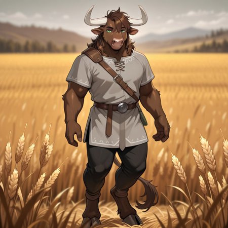 masterpiece, best quality, amazing quality, very aesthetic, solo, full body,
minotaur, furry,
1boy, male focus, green eyes, brown skin, dark brown hair, white horns, gray tunic, black pants,
(looking at viewer:1.2), smiling,
wheat field, fantasy background, blurred background,