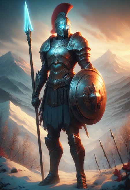 score_9, score_8_up, score_7_up, Spear Warrior, holding spear, Spartan with helmet and armor.  Glowing eyes, mountains, snowy