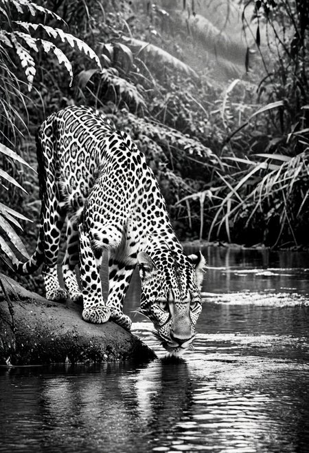a (black and white:1.5) photo of a leopard, in the jungle, drinking at the at the edge of a river, at dusk, dense jungle forest, dramatic lights, shallow depth of field, blurred background, extreme details, intricate details, 8k, 35mm photo, photorealism, realistic photo, national geographic style, masterpiece, film photography style
