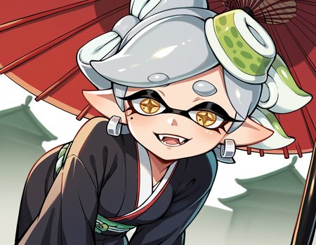 score_9, score_8_up, score_7_up, source_anime,
splatoonmarie, <lora:splatoon-marie-ponyxl-lora-nochekaiser:1>,
marie, fangs, grey hair, mole, mole under eye, pointy ears, short hair, yellow eyes, domino mask, mask, tentacle hair,
earrings, hair ornament, japanese clothes, jewelry, kimono, long sleeves, mole, mole under eye,  umbrella, wide sleeves,
outdoors, shrine, bent over, smile,
solo, dutch angle, looking at viewer, cowboy shot,