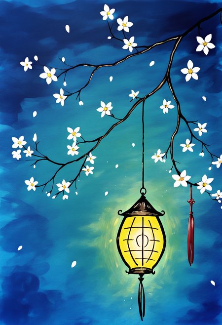 masterpiece, best quality,  <lora:StylizedNightscape_IXL:1.0>,   N1ght, flower, white flower, lantern, branch, light