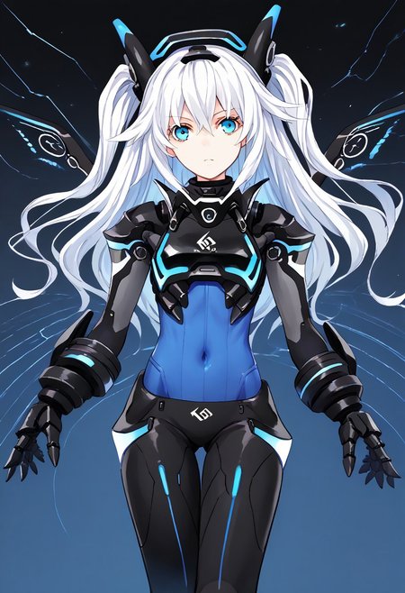 score_9, score_8_up, score_7_up, score_6_up, score_5_up, score_4_up, source_anime, solo, 1girl, 
NoirCPU, CPU01, black heart, long hair, white hair, blue eyes, 
BLH_Next, two side up, blue bodysuit, black bodysuit, shoulder armor, black headgear, covered navel, mechanical wings, turtleneck, armored legwear, mechanical gauntlets, neon trim, 
masterpiece, best quality, very aesthetic, absurdres,