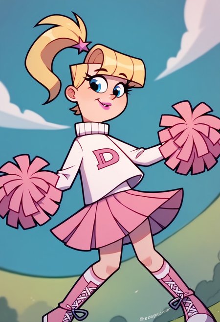 score_9, score_8_up, score_7_up BREAK VeroFOP, 1girl, blonde hair, blue eyes, ponytail, pink lipstick, long-sleeve white turtleneck sweater with D-logo, pleated pink skirt, pink white boots, cheerleading, solo, solo focus,