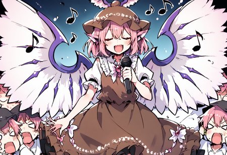 score_9, score_8_up, score_7_up, masterpiece, best quality, detailed, perfect, perfection, vibrant, gorgeous, 
BREAK
mystia, wings, brown headwear, short hair, hat, animal ears, puffy sleeves, dress, pink hair, brown dress, cowboy shot, frills, pink eyes, juliet sleeves, jewelry, shirt, winged hat, bangs, hair between eyes, white wings, white shirt, bird wings, feathered wings, earring, frolled dress, frilled sleeves, 
BREAK
bad singing,crowd,happy,grimace,(hands on own ears:1.2),music,noisy musical note, multiple boys,screaming,closed eyes,blank eyes,holding microphone,