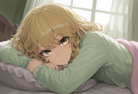 best quality, masterpiece,
upper body, looking at viewer, yellow eyes,
1boy, solo, kirisame marisa, otoko no ko,
smile, closed mouth, curly hair, pillow,
on stomach, head on arm, light, pajamas,