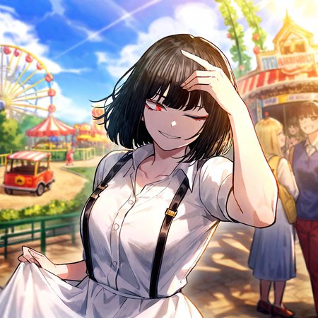 ryoshu \(project moon\),amusement_park,kind_smile,suspenders,long white dress,landscape,look at the camera,close one eye,smile,ð¤«,the sun is shining,full_shot,playful,<lora:LimbusCompany Style:1>,