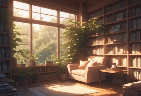 FFCB, Simple Anime, Cozy study corner at the library, plant, bookshelves, reading lamp, big glass windows