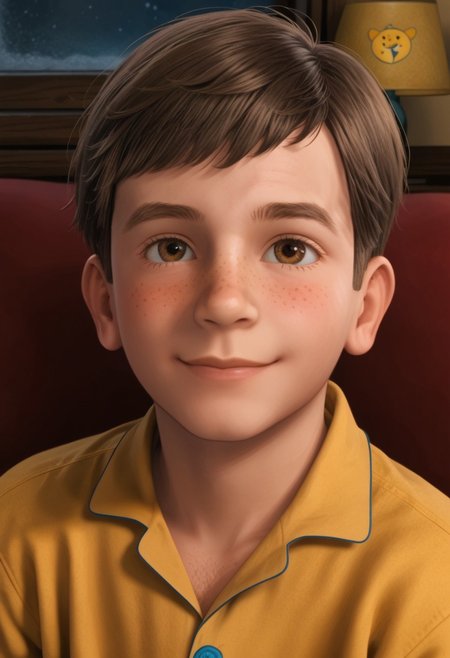 1boy, cute boy, solo, Hero_Boy, Brown Hair, Hazel Eyes, Yellow Pajama shirt , Yellow Pajama Pants, Expressiveh, cute smile, freckles