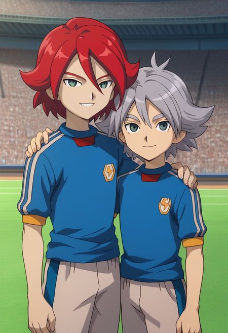 score_9, score_8_up, score_7_up, source_anime, highly detailed, skinny, slender, 2boys,
hiroto2, 1boy, soccer uniform, sportswear, red hair, upper body, tracksuit, smile, BREAK 
fubuki2, 1boy, soccer uniform, sportswear, smile, raimon soccer uniform, raimon, grey hair,
standing, hand on shoulder,