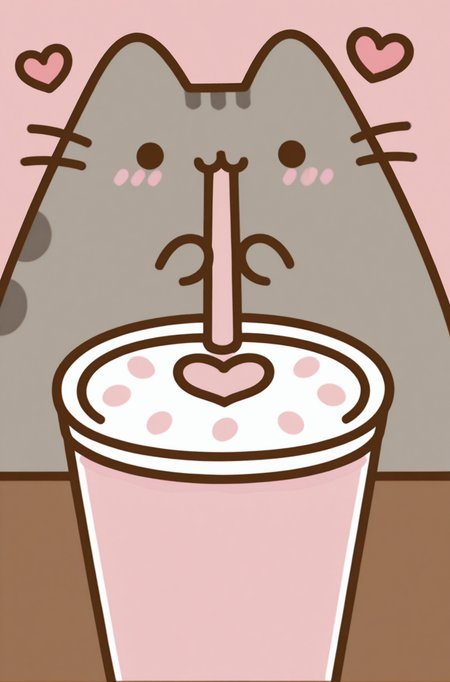 masterpiece, best quality,very aesthetic, Valentine's Day cafÃ©, sipping a pink milkshake, heart-shaped latte art, cozy and sweet setting, Pusheen <lora:PusheenIXL:1>