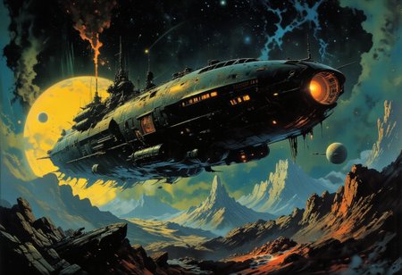 "The Macragge's Honour, an awe-inspiring Gloriana-class battleship of the Ultramarines, majestically drifts through the void, illuminated by the glow of a colossal nearby sun. The sleek, angular design of the massive warship contrasts against the swirling colors of an expansive nebula, casting reflections along its shining metallic hull. In the background, stars twinkle across the infinite darkness, while the faint arcs of planetary rings shimmer in the distance. The ship cuts through space with a commanding presence, its immense cannons and Gothic architecture dwarfing the cosmic scenery around it. The composition is dynamic and cinematic, with HDR lighting that intensifies the vibrant colors of space, the dramatic flares of the nearby sun, and the haunting beauty of the void.unknown space,exploration, best quality,masterpiece,high resolution,award-winning,warhammer 40k universe,mix of dark fantasy and gothic scifi,death metal,dystopian,acid deep rich colors,blue and yellow,glow,gloss,color contrast,dynamic composition