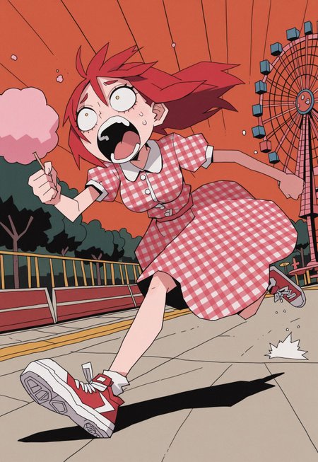 masterpiece, best quality, very aesthetic, 0huton_illu,
solo, smear_frame, 1girl, gingham dress, unmoving_pattern, sneakers, red hair, running, amusement_park, speed lines, screaming, cotton_candy, constricted pupils, [floating, flying]