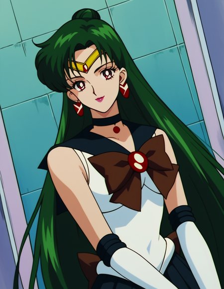 score_9, score_8_up, score_7_up, source_anime, <lora:setsuna-meiou-s3-ponyxl-lora-nochekaiser:1>, setsuna meiou, long hair, red eyes, very long hair, green hair, hair bun, single hair bun, maeup, lipstick,, skirt, gloves, bow, jewelry, pleated skirt, earrings, choker, elbow gloves, white gloves, black skirt, sailor collar, black choker, magical girl, black sailor collar, circlet, back bow, sailor senshi uniform, brown bow, indoors, smile, looking at viewer, solo,, cowboy shot, dutch angle