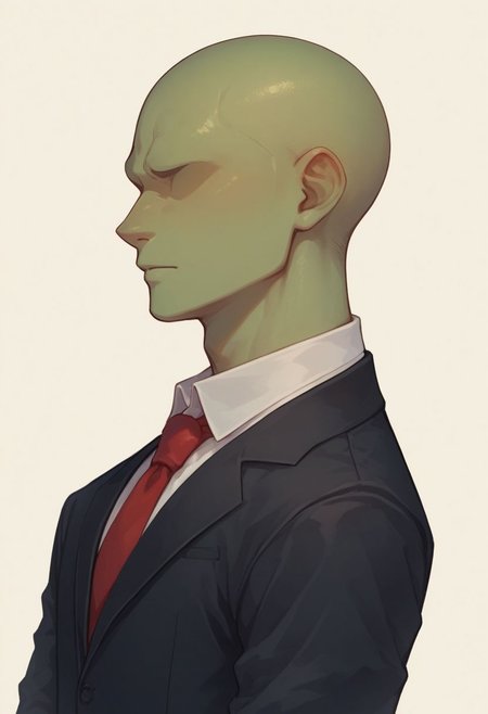 score_9, score_8_up, score_8,
1boy, solo, green skin, no eyes, no eyebrows, bald, black business suit, white under shirt, red tie, black suit pants, average body, close up, portrait shot, white background