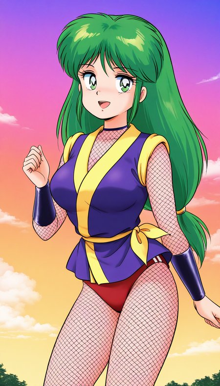general,highres, game cg, ultra-detailed,very aesthetic,best quality ,best hands,  BREAK
<lora:Yae_bonbon_IS:1>Yae_bonbon, solo, long hair, light green hair, green eyes, large breasts, bangs,
fishnets, 1girl, open mouth, pantyhose, leotard, ninja, solo, low-tied long hair, japanese clothes, red buruma,
fishnet bodysuit,  smile,looking at viewer, cowboy_Shot,
outdoor, sky,  1980s \(style\), retro artstyle,