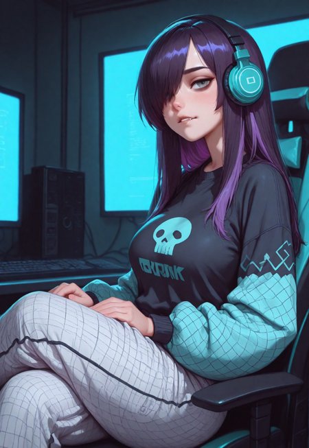 masterpiece, best quality, amazing quality, very aesthetic, absurdres, newest, realistic, detailed,  artist:moriimee, 
BREAK, 
1girl, short purple hair, black tips, multicolored hair, loving gaze, looking at viewer, oil painting, portrait, bangs, hair over one eye, bags under eyes, medium breasts, black lips, gray eyes, biting lip, white pajama pants, baggy pants, crossed legs, sitting, gaming chair, working on computer, typing, focused, covered, dark blue cardigan, headphones, 
BREAK, 
vibrant colors, white outline glow, chromatic aberration, backlighting, red and blue  background theme, indoors, computers, net bar, futuristic, cinematic lighting, detailed lighting, dynamic lighting, detailed background, sharp background