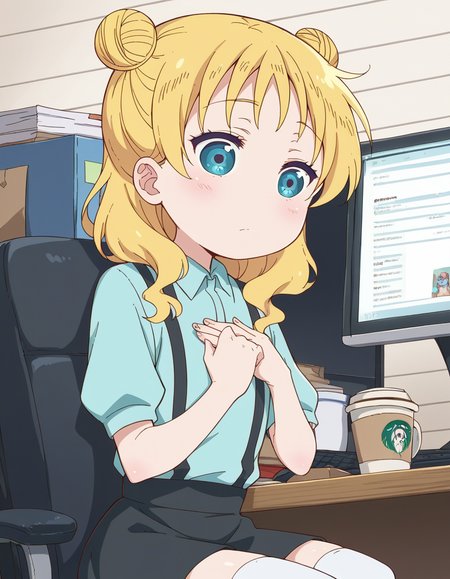score_9, score_8_up, score_7_up, source_anime, <lora:dragon-chloe-s2-ponyxl-lora-nochekaiser:1>, chloe, blue eyes, blonde hair, hair bun, double bun, child, female child,, skirt, shirt, thighhighs, collared shirt, suspenders, blue shirt,, home office, working from home, computer screen, coffee cup, focus, deadline, , , hands on own chest,, solo,, dutch angle,
