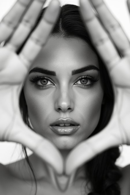 Foreground: a woman's hands framing her face, rendered with visible lines. Middle ground: her face, with an intense, direct gaze and subtly colored lips. Background: a stark, untextured white space. The woman's face and gaze are the central focus, captured in a high-fashion, black and white photographic style with sharp focus and strong contrast.