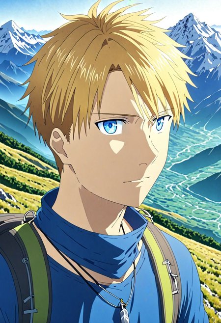 high resolution, solo, best quality, 1Boy, Yamato Ishida, Blond Hair, Blue Eyes, Necklace, landscape, upper body, looking a view, upper body, high mountain, hiking gear, OverallDetail