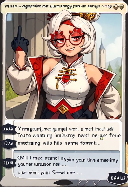 score_9, score_7_up BREAK c4rd, english text, purah, white hair, red eyes, hair ornament, red headband, red glasses, sleeveless shirt, white coat, black skirt, red leggings, gloves, smug, middle finger <lora:MTG_card_v2:1> <lora:purah-pdxl-nvwls-v1:0.8> <lora:riz_pd_dora:0.8>