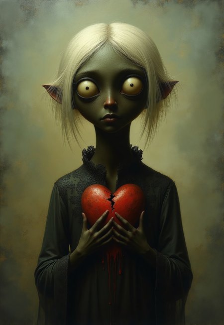 0n1r1c, A stylized caricature of a dark female figure with a hollow chest with an empty hole in the middle. Her hair is light, almost white. She holds a bleeding, dark red and torn, broken  heart in both hands in front of her chest. The figure has exaggerated, elongated features, large sorrowful eyes, and a melancholic yet endearing expression. The atmosphere is eerie but sweet, with a soft glow highlighting the creature’s delicate sadness. 
Intricate gothic details adorn her body, with torn lace and silver glowing cracks along her form. The figure appears to be wearing a loose garment, suggested by darkcoal shapes around the shoulders that blend with the background, although there is no discernible detail of the clothing. 
The background is misty and dimly lit, evoking a dreamlike, almost whimsical gothic fairytale aesthetic.  The painting features muted color palette and a dezent monochromatic scheme, primarily with shades of black, white, and silver. medium long shot
