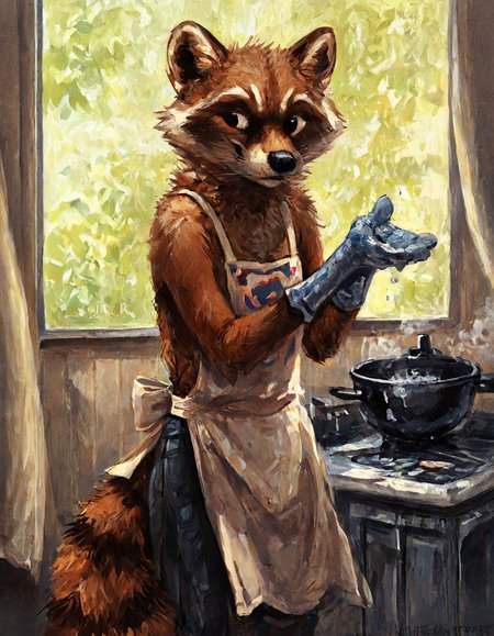 A charming furry-style illustration of a raccoon character washing dishes in a cozy, well-lit kitchen. The raccoon has soft, detailed fur with subtle shading, wearing a cute apron and rubber gloves. The kitchen features warm wooden cabinets, a vintage sink with chrome faucets, and a window showing a moonlit night outside. Steam rises from the soapy water, and bubbles float in the air, adding a playful touch. The scene is vibrant and whimsical, with a focus on expressive character design and a cozy, inviting atmosphere.
<lora:Better_Kenket:1>, score_9, score_8_up, score_7_up, score_6_up, score_5_up,