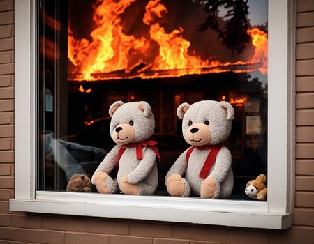A photorealistic image capturing a stuffed animal sitting on a windowsill, facing a glass window. The stuffed animal should appear soft, well-crafted, and endearing. The focus is from outside the window looking in. The glass window should have a clear reflection of a raging wildfire in the distance, with flames and smoke visible. The contrast between the innocence of the stuffed animal and the intensity of the wildfire should be striking. The lighting should be such that both the stuffed animal and the reflection of the wildfire are clearly visible. The window frame and perhaps some indoor elements should be visible but not distracting. The overall mood should be poignant, capturing the juxtaposition of comfort and danger,<lora:windowsback2:0.75>