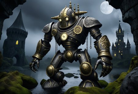 giant bipedal robot silver and yellow and bronze paisley robot. lacy robot diver helmet head. outside of a steampunk keep. large detailed torso. dark image. one forty foot tall ancient robot with great arms and two heavy spring legs. dark foggy night background. $dark foggy night image only. dark photo realistic image. steampunk details. cogs, chains and pipes incorporated in the fantasy buildings. magic wizards tower in background. Dark swamp, moss, castle ruins, wizards tower. stormy dark night. scary machine
