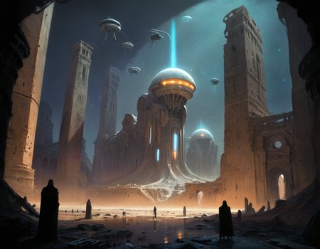 A swarm of bioluminescent drones hovered over what remained of the colossal edifices, their eerie lights casting long shadows across the ruins as they searched for something - or someone - that had once called this place home in a galaxy far from Earth, b3ks1n