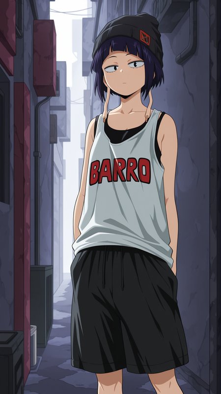 masterpiece, best quality, absurdres, amazing quality,  1girl, solo, <lora:IlluJirou:1> illujiro, short hair, bangs, long earlobes, purple hair, black hair, black eyes, baggy shorts, tank top, beanie, streetwear, alley, oversized clothes, looking at viewer,