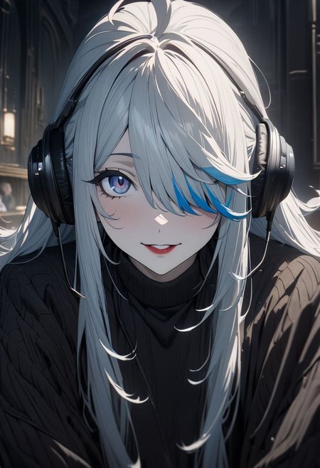 gorgeous lips, cinematic, (masterpiece), (best quality), (ultra-detailed), very aesthetic, illustration, perfect composition, intricate details, absurdres, detailed face, (anime, masterpiece, intricate:1.3), (best quality, hires textures, high detail:1.2), (4k),(incredibly detailed:1.4) 
masterpiece, 1girl,  a young girl, solo, nice girl, skinny, very thin build, multicolored hair, blue hair, white hair, the hair is slightly shaggy, hair over one eye, hairstyle with a side parting, voluminous hair, lush hair, long hair, streaked hair, ahoge, white skin, blue eyes, red lips,  black jeans,black sweatshirt, oversize sweatshirt, black headphones, light smile, excited, against the background of servers, looking at viewer, portrait, (masterpiece:1.2), (best quality:1.2), (very aesthetic:1.2), (absurdres:1.2), (detailed background), newest,sharp focus, perfect hands, perfect face, perfect eyes, perfect light, dynamic light, natural light