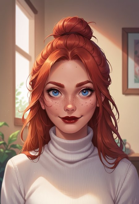 score_9, score_8_up, score_7_up, score_6_up, 1girl, solo, front view, upper body, white turtleneck, redhead, long hair, hair bun, freckles, smiling, red lipstick, blue eyes,
indoors,
<lora:Krys_Decker_-_Artist_style:0.8> ss-krd_o