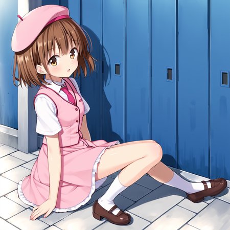 outdoors,  <lora:Amatsuka_Sakura_IS:1> amatsukasakura, 1girl, solo, brown hair, short hair, brown eyes, necktie, pink headwear, pink hat, beret, pink dress, white vest, necktie, dress, short sleeves, shoes, brown footwear, mary janes