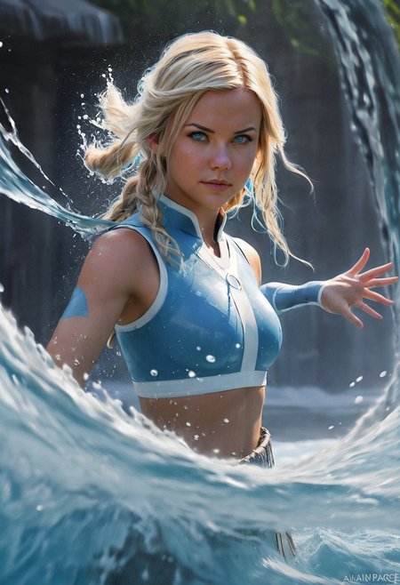 , waterbending, photorealistic <lora:Waterbending-04:1.4> <lora:alanah_dh128_sdxxxl_v1-step00008000:0.7> ohwx woman,  alanah pearce, blonde hair