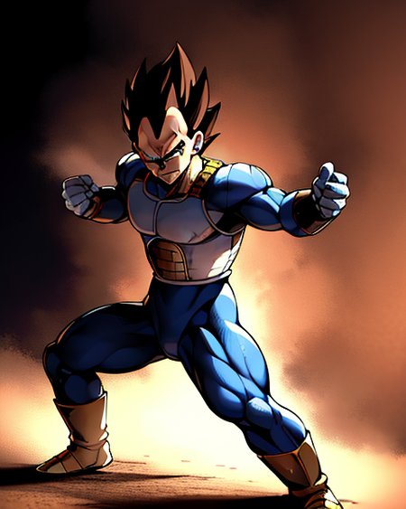 1guy, masterpiece, best quality, absurdres, wallpaper, detailed face, detailed eyes, Vegeta,  battle damage, fighing stance, full body, Sayian armor,<lora:Vegeta:0.45>
