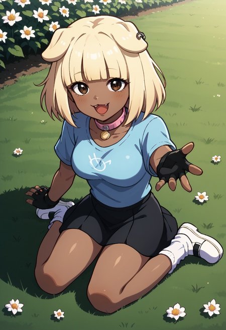 score_9, score_8_up, score_7_up, source anime,
masterpiece, best quality, detailed, amazing quality,
detailed background, bedroom, park, flowers,
detailed eyes, clean eyes,
dynamic pose, from above, sitting in grass,
1woman, woman,
easynegative, 
doribun, blonde hair, medium hair, blunt bangs, dark skin, dog ears, Blue shirt, White symbol, black skirt, white socks, white shoes, fingerless gloves, black gloves, pink collar, happy,
beckoning, reaching towards viewer