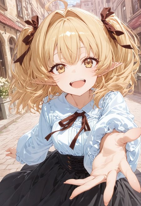 (masterpiece, best quality, newest, absurdres, highres),(anime coloring), soft colors, 1 girl solo, lily (yami healer), long hair, blonde hair, ahoge, short hair, twintails, two side up, hair intakes, hair ribbon, pointy ears, yellow eyes, eyelashes, eyeliner, mole, virgin killer outfit, white shirt, long skirt, black skirt, pantyhose, in town, reaching out,pov, dutch angle, happy face, excited,