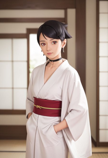 masterpiece,best quality, highly detailed, score_9, score_8_up, score_7_up, score_6_up
BREAK 
sarada, black hair, red eyes, short hair, swept bangs, choker,
BREAK 
white kimono,