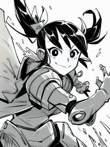 score_9, score_8_up, score_7_up, score_6_up, girl with twintails wearing robot armor, open clothing, open armor, giant gloves, evil smile, from above, epic pose, bright pupils, particles around, splash art, looking at viewer, cowboy shot, dynamic pose, smile, cute, wide shot, solo, dutch angle, 
<lora:INKtoonXLP_Style:1> InkToon, monochrome, black eyes, simple white  background, cute, sketch, thin line, cartoon, splash art, concept art