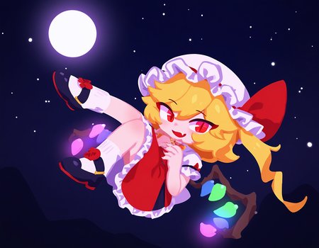 <lora:Ishikoro_Style_NBV1:0.95>,chibi,1girl, Flandre Scarlet\(touhou project\), looking at viewer, red eyes, slit pupils, detail pupil, fang, flat chest, half ponytail, ruffle hat,  white socks, puff sleeves, mary jane shoes, glowing eyes, curled up, legs in air, red nail polish, celestial background, moon visible, starry sky, dynamic angle, wind swept hair,