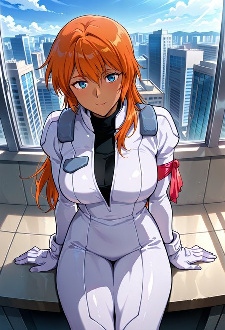 ((masterpiece, absurdres)), best quality, amazing quality, newest, 4k, anime coloring, very aesthetic, ray tracing, Smooth Quality, CG,city view,Francesca, 1 mature female, orange hair, long hair, blue eyes, dark skin, pilotsuit, turtleneck t-shirt, arm ribbon,gloves,sitting