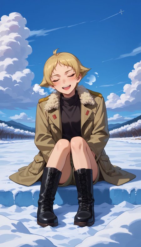 score_9, score_8_up, score_7_up, score_6_up, , solo, 
 <lora:GUPErwin:1> 1girl, erwin (girls und panzer), lace-up boots, smile, blonde hair, short hair, sitting, closed eyes, open mouth, brown jacket, day, blue sky, black footwear, breath, facing viewer, long sleeves, outdoors, snow, pointy hair, blush, indian style, cross-laced footwear, shorts, cloud, black shirt, :d, coat, ahoge, fur trim, cloudy sky, full body, military jacket, holding, winter clothes
