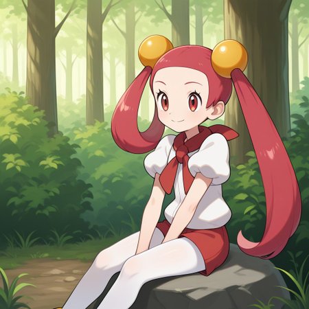 1girl, solo, mira (pokemon), smile, very long hair, pink hair, red hair, hair rings, twintails, hair beads, asymmetrical hair, tied hair, red eyes, red scarf, white shirt, puffy short sleeves, red shorts, short shorts, white pantyhose, legwear under shorts, sitting on rock, hand between legs, forest
