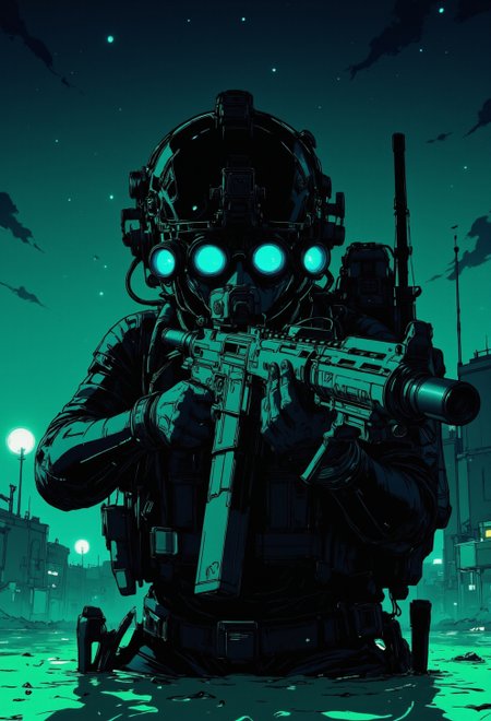 <lora:ck-nc-luminal-genesis:0.8>, A digital anime artwork in the style of cklg, a woman combat diver wearing n0ds featuring a protective headpiece Attached to the front of the headpiece is a quad-tube panoramic optical device with four horizontally aligned cylindrical lenses, each glowing faintly blue. Small wires and adjustment knobs are visible along the optical device, contributing to the structured and functional design with integrated hearing protection covering the ears and includes modular mounting points. wearing a dual mode diver mask with a mares backmount and scuba gear, partly submerged in glowing bioluminecent water ,
she is aimaing an AR15 assault rifle at the viewer.
nightstalker, outdoors, clear night sky, green nightvision tint color palette
<lora:n0ds:0.9>
<lora:test2:0.7>
<lora:Anime v1.3:0.2>