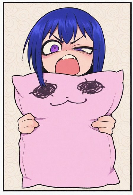 IllustriousQual, masterpiece, best quality, amazing quality, very aesthetic, absurdres, 1girl, solo, cute pattern background, border, lace background
Arin(Pangya), blue hair, bangs,purple eyes, 
solo, hugging pillow,  lying, on side,, angry, rage, furious,  half-closed eye, v-shaped eyebrows, open mouth,shouting,, straight on,
<lora:ValbunStyle-IL:0.9> valbun,