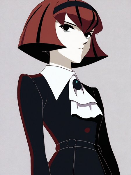source_anime, score_9, score_8_up, score_7_up, anime screencap, 8k, absurd res, <lora:BigO_PDXLv1 Dorothy-000060:0.8> 1girl, solo, r. dorothy wayneright, dorothy_(the_big_o), short hair, black dress, red hair, black eyes, green brooch, pale skin, simple background, 1990s \(style\),