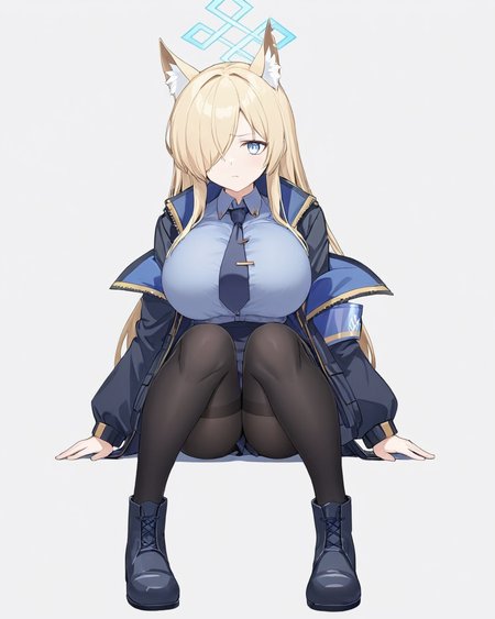kanna \(blue archive\),1girl, solo, hair_over_one_eye, anger_vein, black_pantyhose, boots, armband, sitting, black_footwear, halo, long_sleeves, collared_shirt, white_background, handcuffs, full_body, animal_ear_fluff, blue_necktie, black_jacket, simple_background, black_necktie, black_skirt, open_jacket, large_breasts
<lora:kanna_(blue_archive)_image1422_2023-11-28:1>halo. gorgeous,key visual, vibrant, studio anime,award-winning, professional, highly detailed,high budget, cinemascope