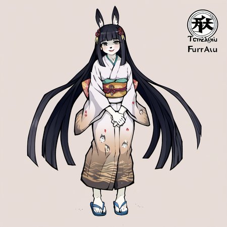 1girl, minazuki awayuki, furry female, animal print, black hair, blunt bangs, brown eyes, copyright name, flip-flops, full body, furisode, hair ornament, hime cut, japanese clothes, kimono, lips, logo, long hair, looking at viewer, obi, own hands together, print kimono, rabbit print, sandals, sash, shawl, sidelocks, smile, solo, standing, tabi, very long hair, zouri,