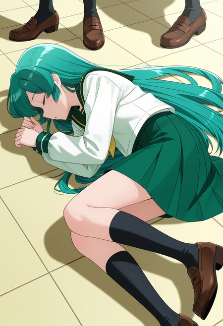 <lora:Minakami Sayo_illustrious-000036:1>,
Minakami Sayo, school uniform, skirt, closed eyes, socks, lying, serafuku, pleated skirt, on side, brown footwear, shoes, loafers, green skirt, solo focus, open mouth, multiple girls, tiles, 2girls, long sleeves, shirt, sailor collar, very long hair, tile floor, on floor, black socks, sleeping, kneehighs, white shirt, shadow, green sailor collar, out of frame, profile